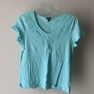 Talbots Women's Tee T shirt Tshirt V neck Lace ribbon Turquoise Blue Size L EUC